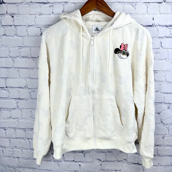 Disney Parks Adult Minnie Mouse Terry Cloth Burnout Zip Hoodie Cream Large* - Picture 1 of 8